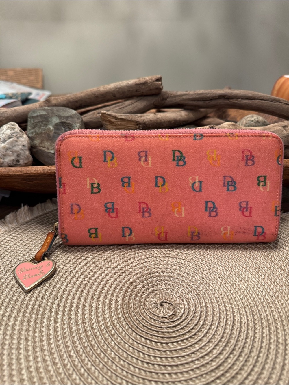 Dooney & Bourke Coral Rainbow Zip Signature Wallet with Heart Charm